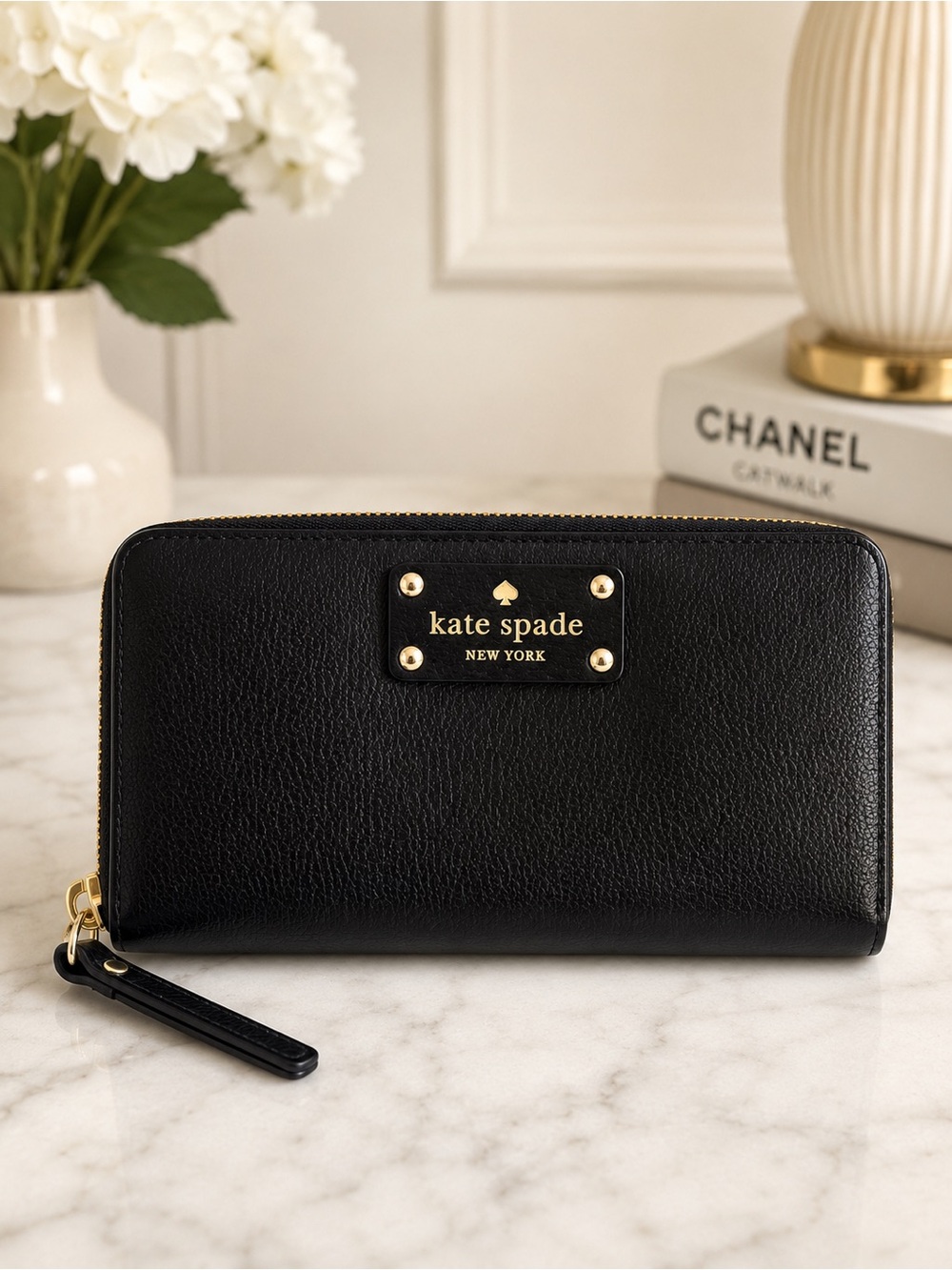 Kate Spade Black Leather Zip Around Continental Wallet Gold Logo - Picture 12 of 12